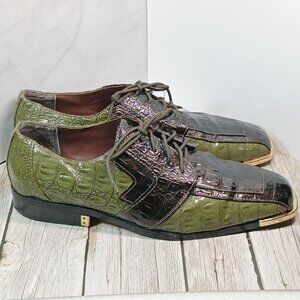 SIO Green & Black Croc-Embossed Leather Oxford Dress Shoes Men’s 11 Gold Toe Cap